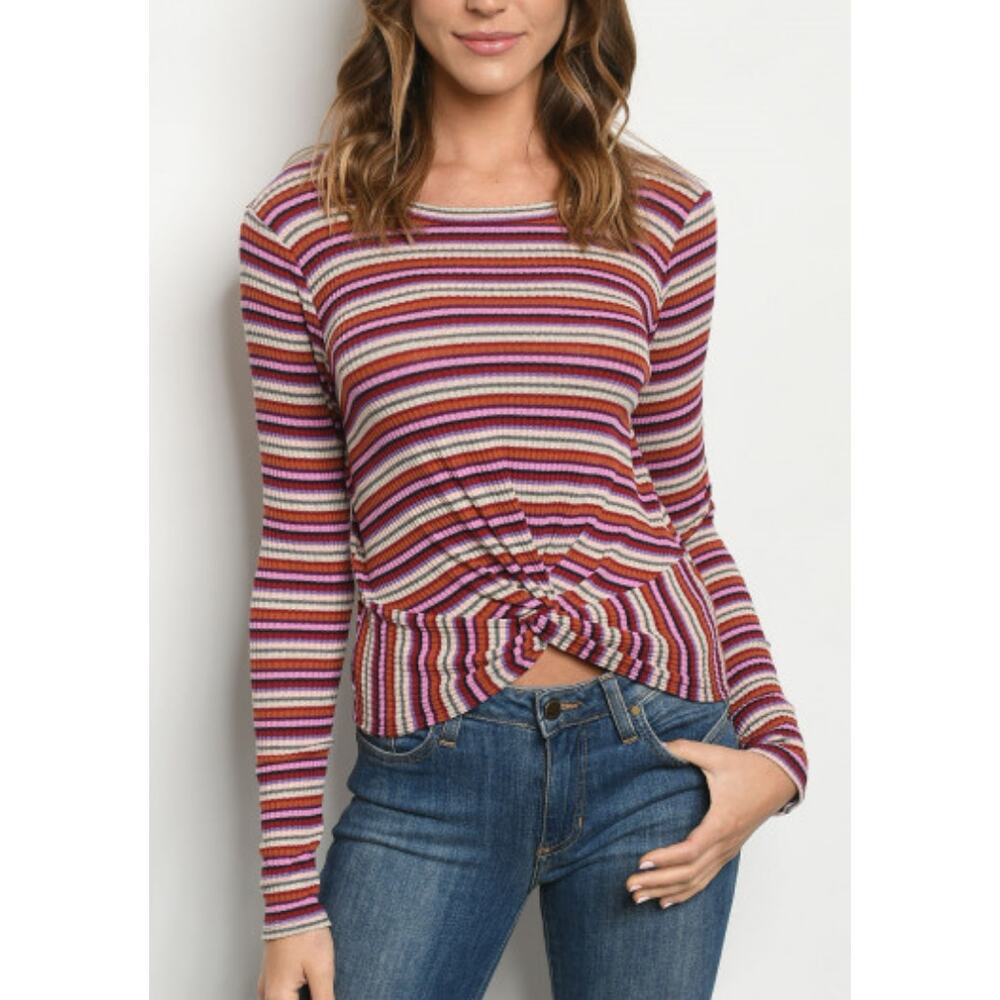 Ginger G Twist knot Ribbed knit Candy Striped Long sleeve Top NEW